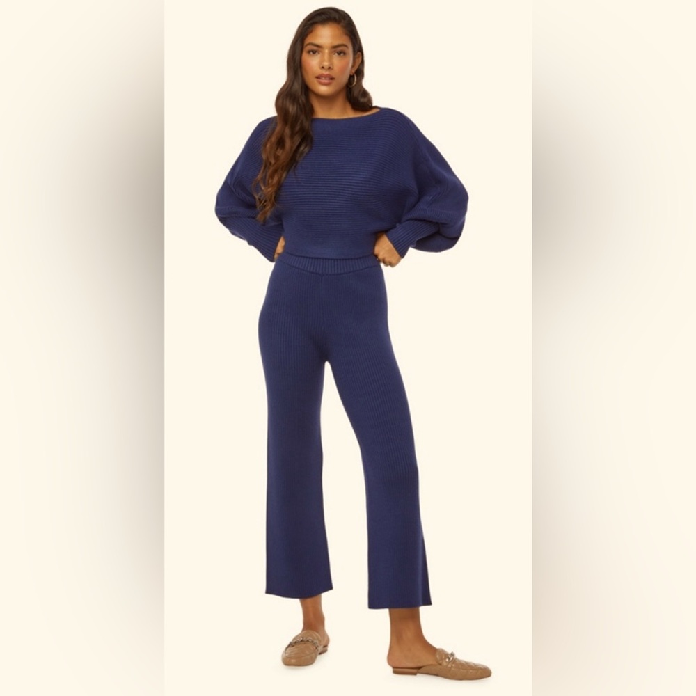 Ribbed Crop Top Ankle Length Trouser Sweater Set-Navy M/L Knit Lounge Comfort